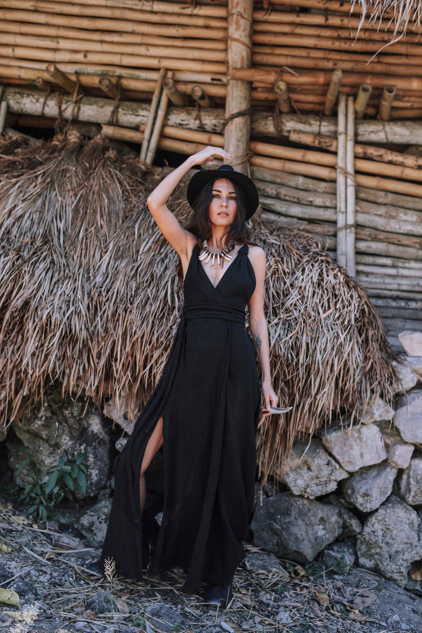 Black Boho Goddess Dress Gypsy Priestess Back Laces Black Boho Goddess Dress Gypsy Priestess Back Laces