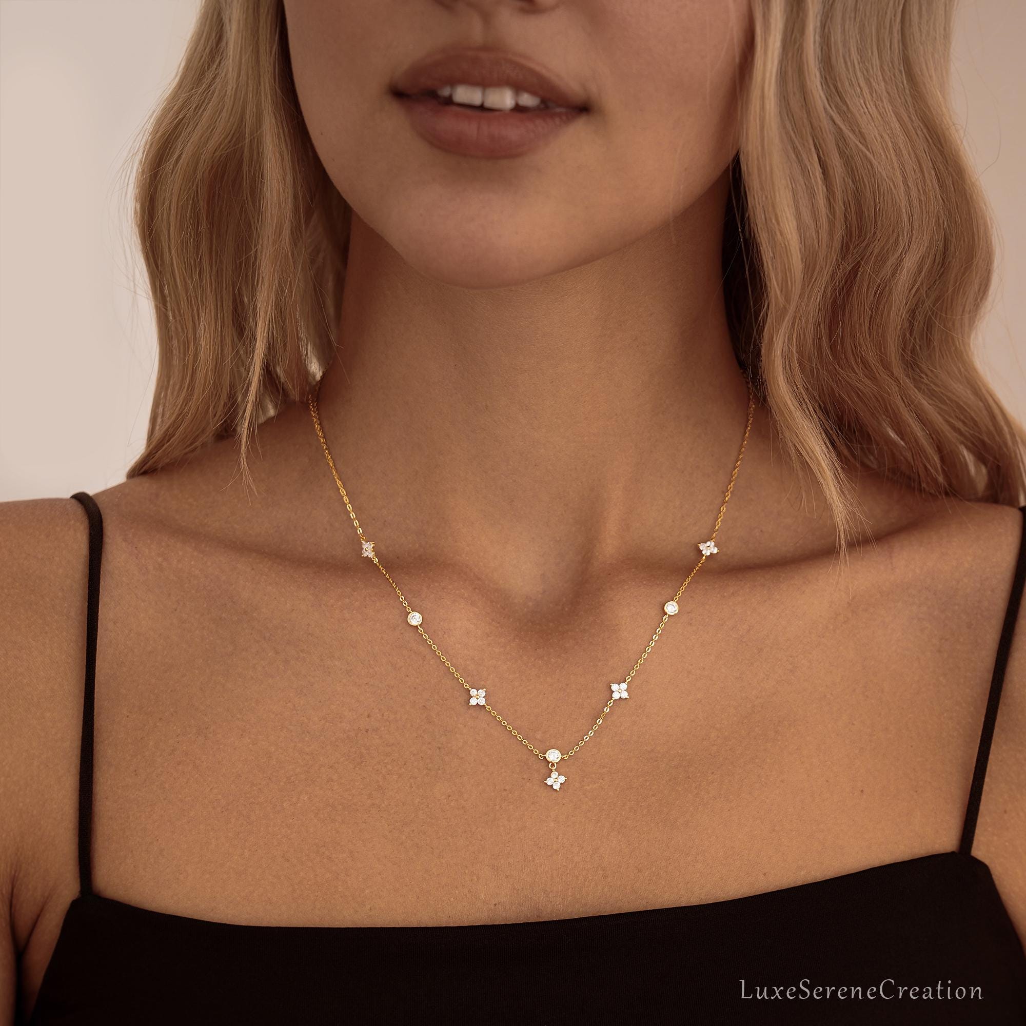 Crystal Flowers Necklace Sterling Silver Marquise Diamond Dangle Crystal Flowers Necklace Sterling Silver Marquise Diamond Dangle