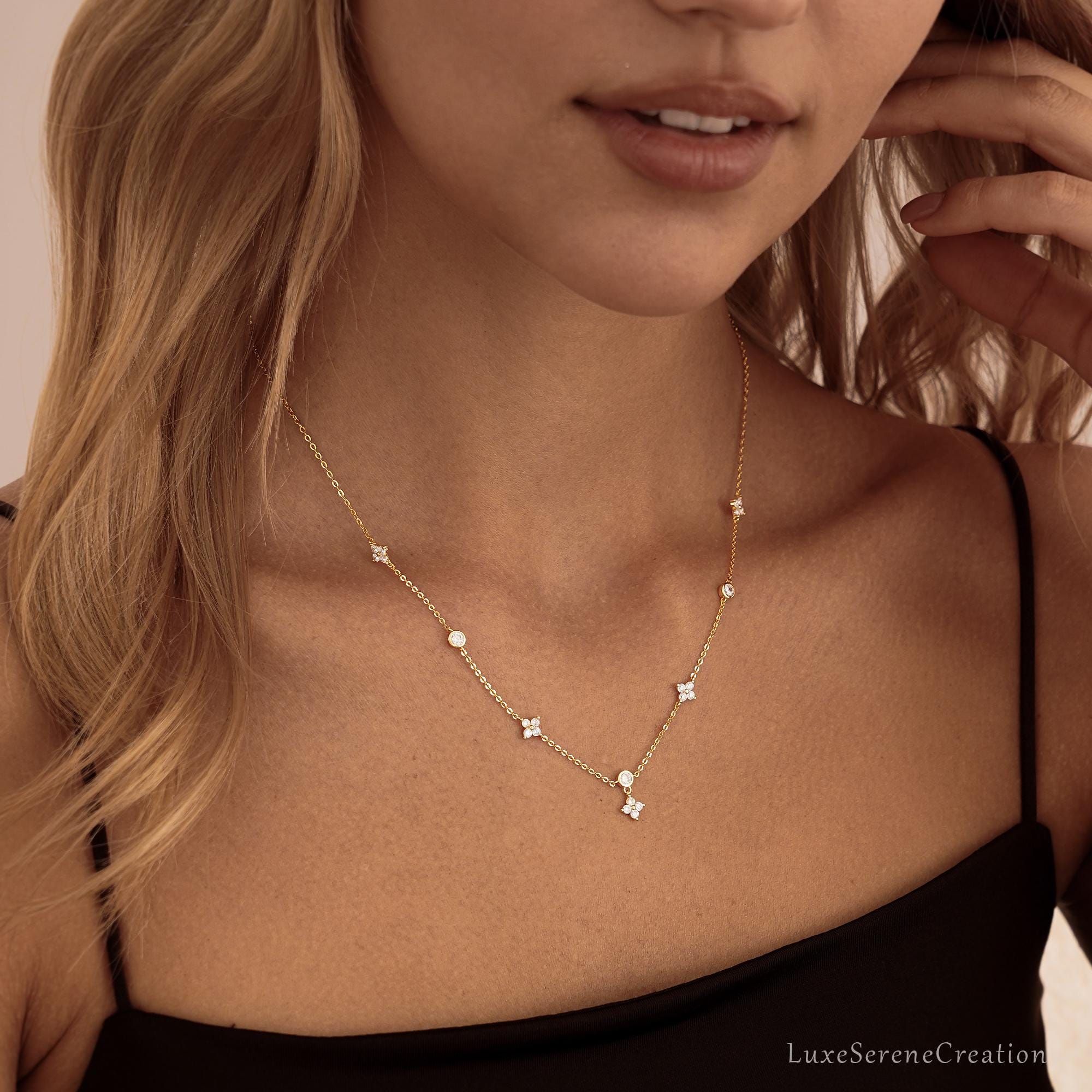 Crystal Flowers Necklace Sterling Silver Marquise Diamond Dangle Crystal Flowers Necklace Sterling Silver Marquise Diamond Dangle