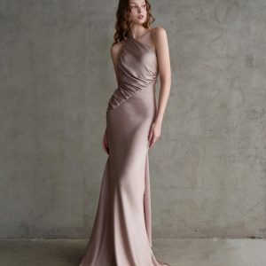 Elegant One Shoulder Ruched Satin Gown For Wedding